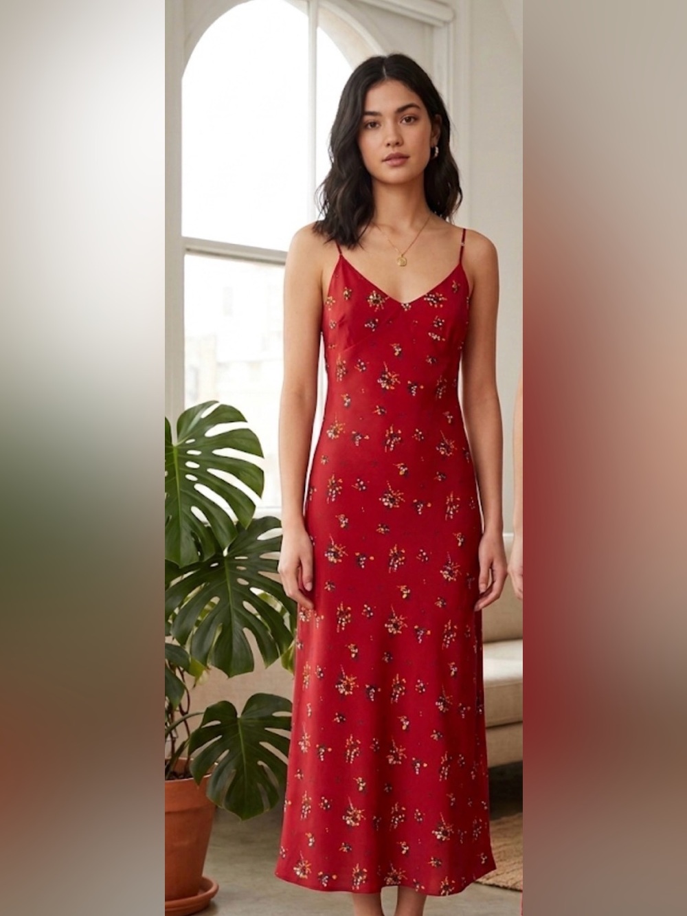 Reformation Par Red Floral Slip Midi Dress